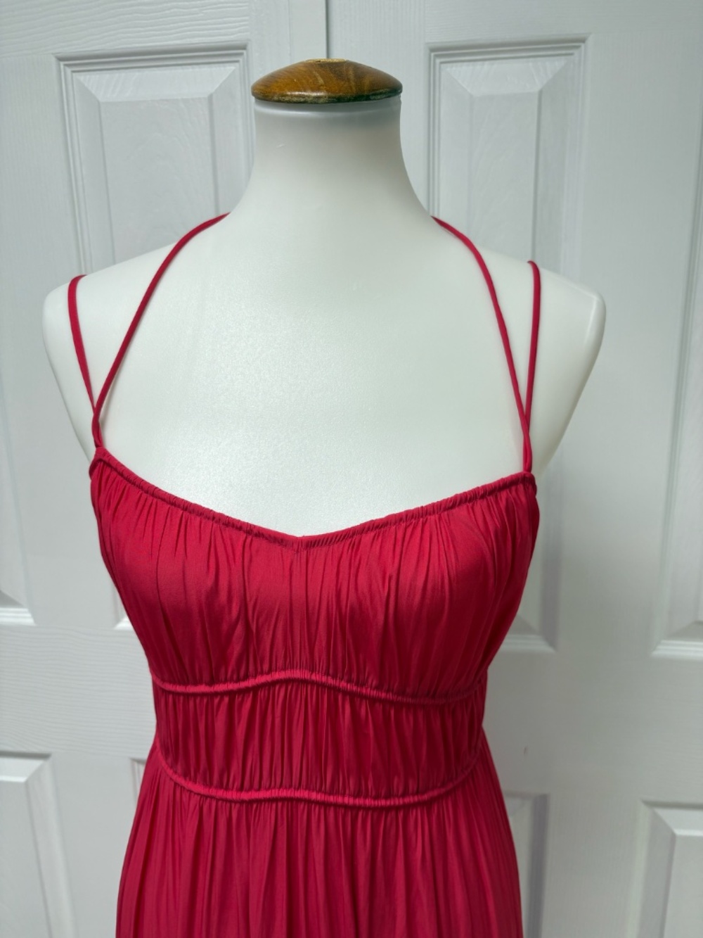 Unsubscribed Cranberry Red Crinkled Ruched Maxi Dress - Size XS. - Picture 3 of 16